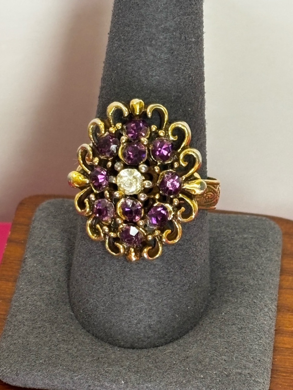 Gold-Tone Floral Statement Ring with Purple and Clear Stones